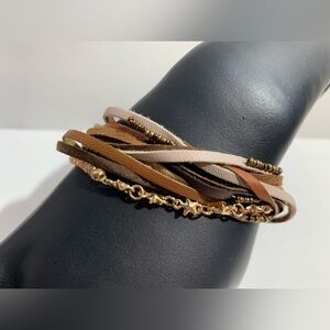 Boho leather bracelet with gold charms, decorative glass beads, & magnetic clasp